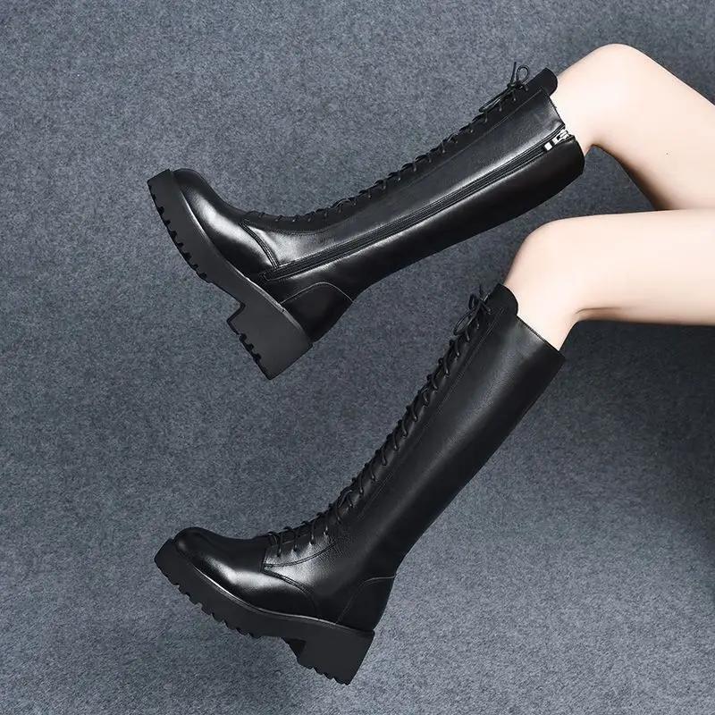Women's Long Boots Round Toe Middle Heel Ladies Knee High Shaft Shoes Platform Comfortable and Elegant Winter 2024 Novelty Trend