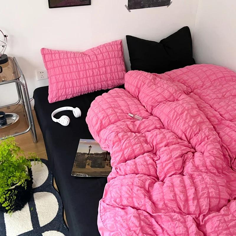 Check Bubble Fabric Bed Set Pucker Duvet Cover Pillowcase Bedding Set Bed Sheet Quilt Cover Single Queen King Size 4 Pieces Sets