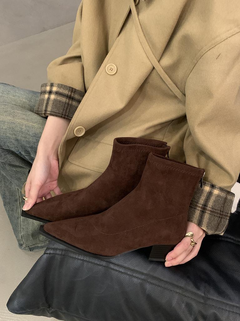 Coarse Heel Pointed Leopard Print Thin Short Boots Women's Shoes 2024 New Autumn and Winter Martin Boots Suede French Small Ankle Boots