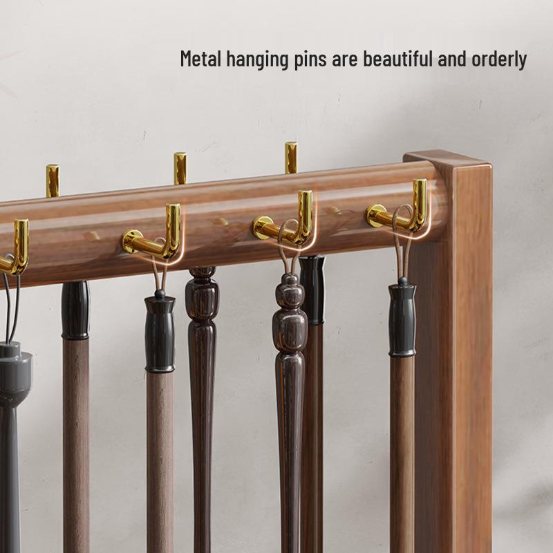 Solid Wood Calligraphy Brush Holder: Desktop Pen Rack with Scholar's Treasures Ornament and Metal Hook Design.