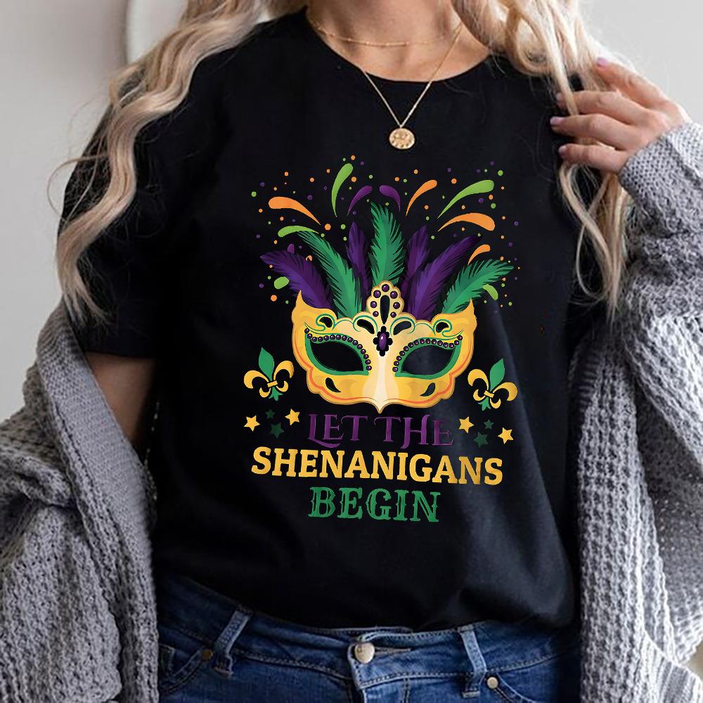 Mardi Gras Shirt Let The Shenanigans Begin Shirts Unisex Short Sleeve Mardi Gras Mask TShirt Mask Graphic Funny Top Tee