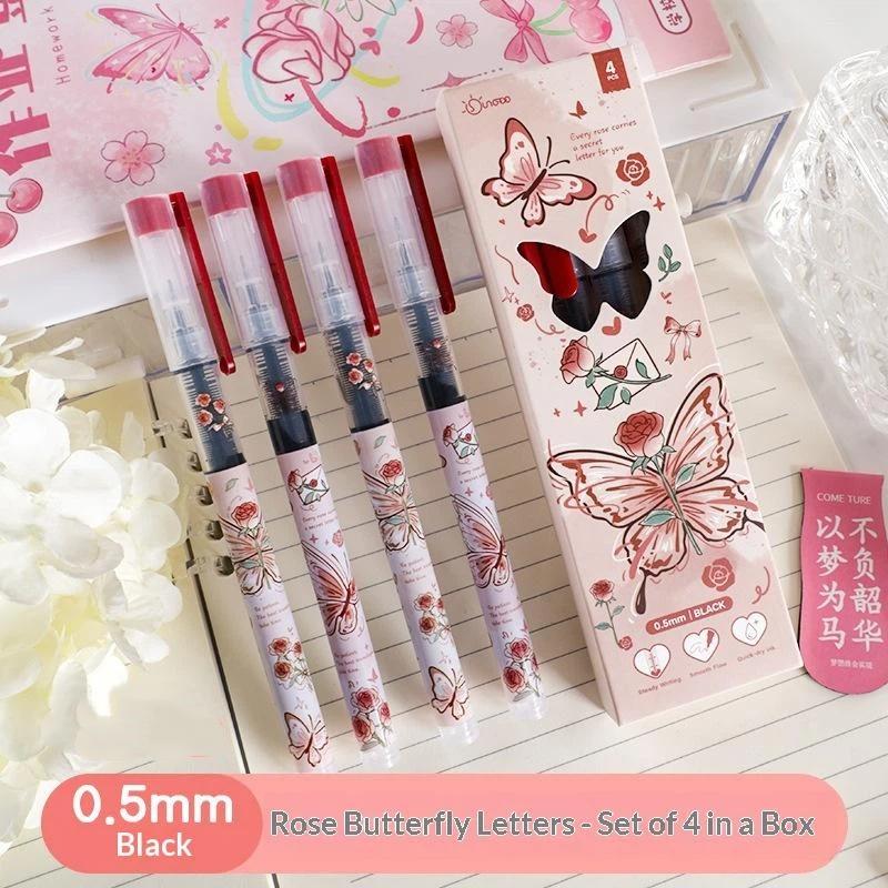 4Pcs Aesthetic Butterfly Rose Gel Pens Smooth Quick Drying Ink Creative Stationery for School Office DIY Art Craft Use