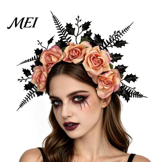 Streetwear Gothic Hairband for Women Halloween Rose Headband, Flower Leaf Crown Hair Hoops Bands, Floral Party Headpiece Cosplay Dress Up Accessories