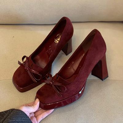 Мода Весна Новые Туфли на Толстом Каблуке Одинарные Женские Мода Квадратный Носок Мелкий Вырез Замша Узел-Бабочка Водонепроницаемая Платформа Высокий Каблук
