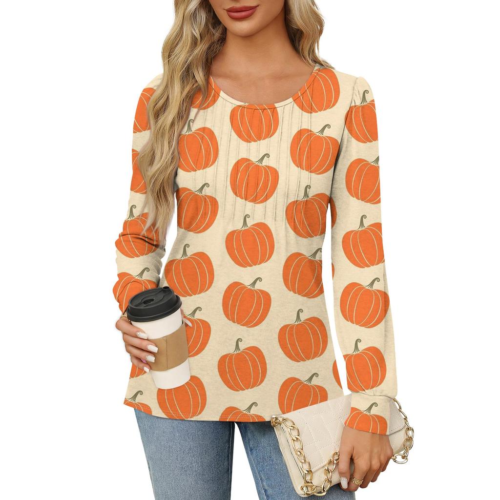 Рубашки с длинным рукавом для женщин, милые принты, графические футболки, блузки, нарядные повседневные блузки, плиссированные туники с круглым вырезом, топы на Хэллоуин