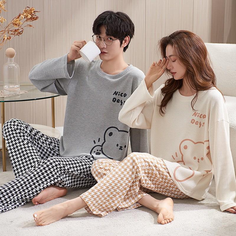 Korean Style Cute Cotton Couple Pajamas - Spring/Autumn Long-Sleeved Set for Men and Women
