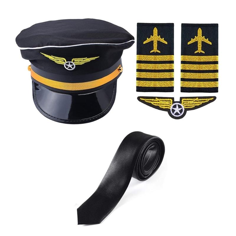 Airline Captain Costume Adult Pilot Cosplay Accessory Uniform Epaulette Hat Neck Tie Flight Attendant Role Play Outfit