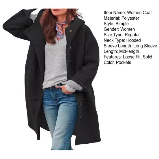 Women Coat Hooded Long Sleeve Buttons Placket Autumn Coat Solid Color Mid-length Casual Outerwear with Pockets