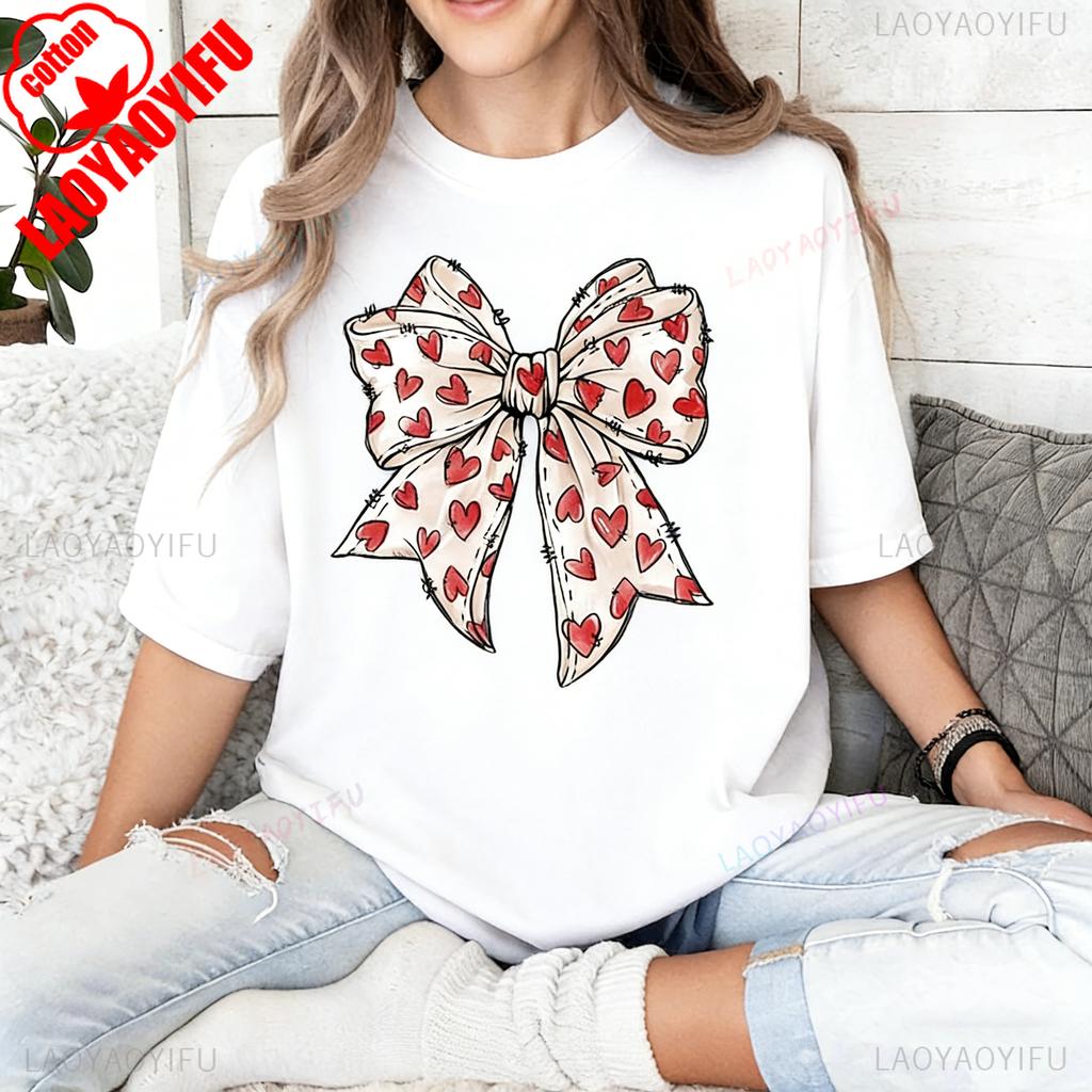 Valentines Day Heart Bow Coquette Bow Trending TShirt Novelty Gift for Girlfriend Crewneck Casual Style Printed Tshirt Tops