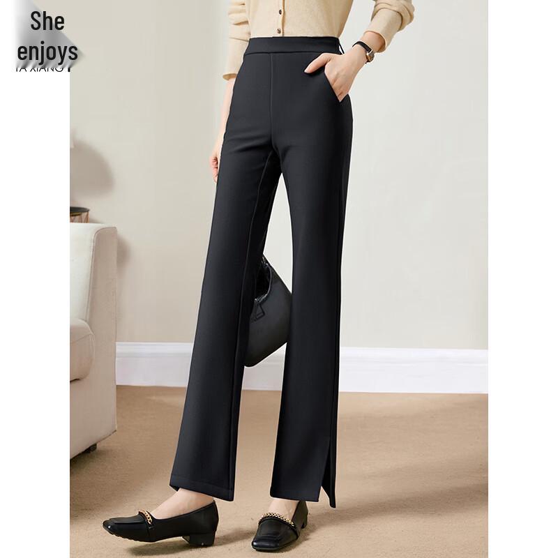 SheEnjoy Women's Black Flare Slit Hem Casual Long Pants T53X019