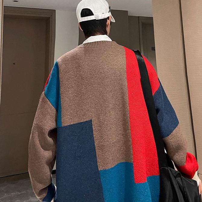 Осень и зима корейский стиль мода вязаные кардиганы свитер пэчворк цвет пара мужчины повседневные модные пальто куртка мужская одежда