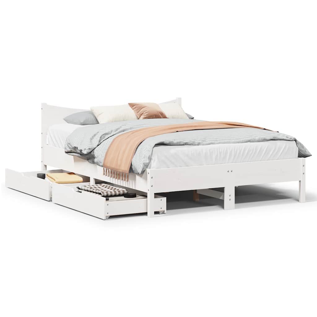 Solid Wood Bed with Drawers White 140x200 cm Pine