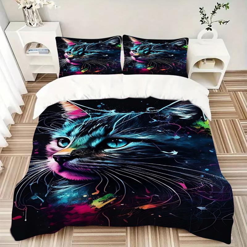 3pcs Colorful Cool Cats Bedding Set - Includes 1 Quilt Cover and 2 Pillowcases, Comfortable Bedding with Stylish Design for Bedroom, Machine