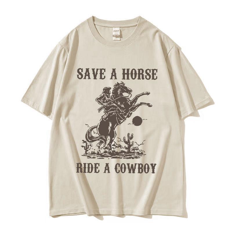 Peter Anor Save A Horse Ride A Cowboy Men's Pattern Print T-shirt Harajuku Retro Casual T-shirt 100% Pure Cotton Short Sleeve