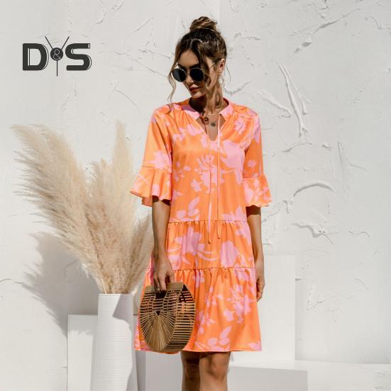 Женское летнее мини-платье с коротким рукавом и V-образным вырезом, плиссированное платье с принтом в стиле бохо, короткое платье-трапеция, пляжный многоярусный струящийся сарафан