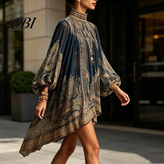 Lantern Sleeve Dress Boho Floral Print High Neck Irregular Chiffon Mini for Women, Smocked Neckline Long Flowy Party Cocktail Dress, Summer