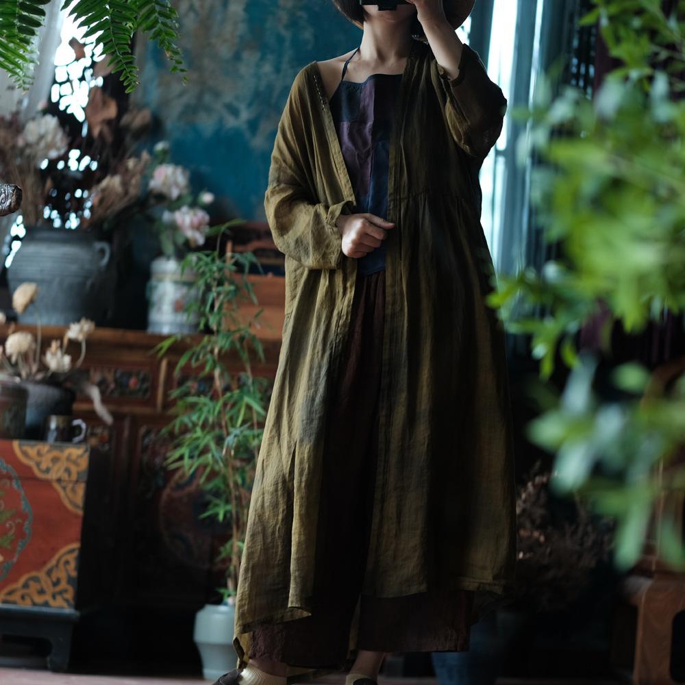 Johnature Women Vintage Trench Solid Color Long Sleeve Autumn Coats V-Neck Chinese Style Cardigan Trench