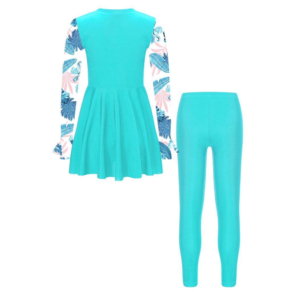 Комплект купальника из двух частей для девочек, топ-рашгард с длинным рукавом и цветочным принтом, подходящие короткие брюки-платье, одежда для защиты от солнца для пляжа и бассейна