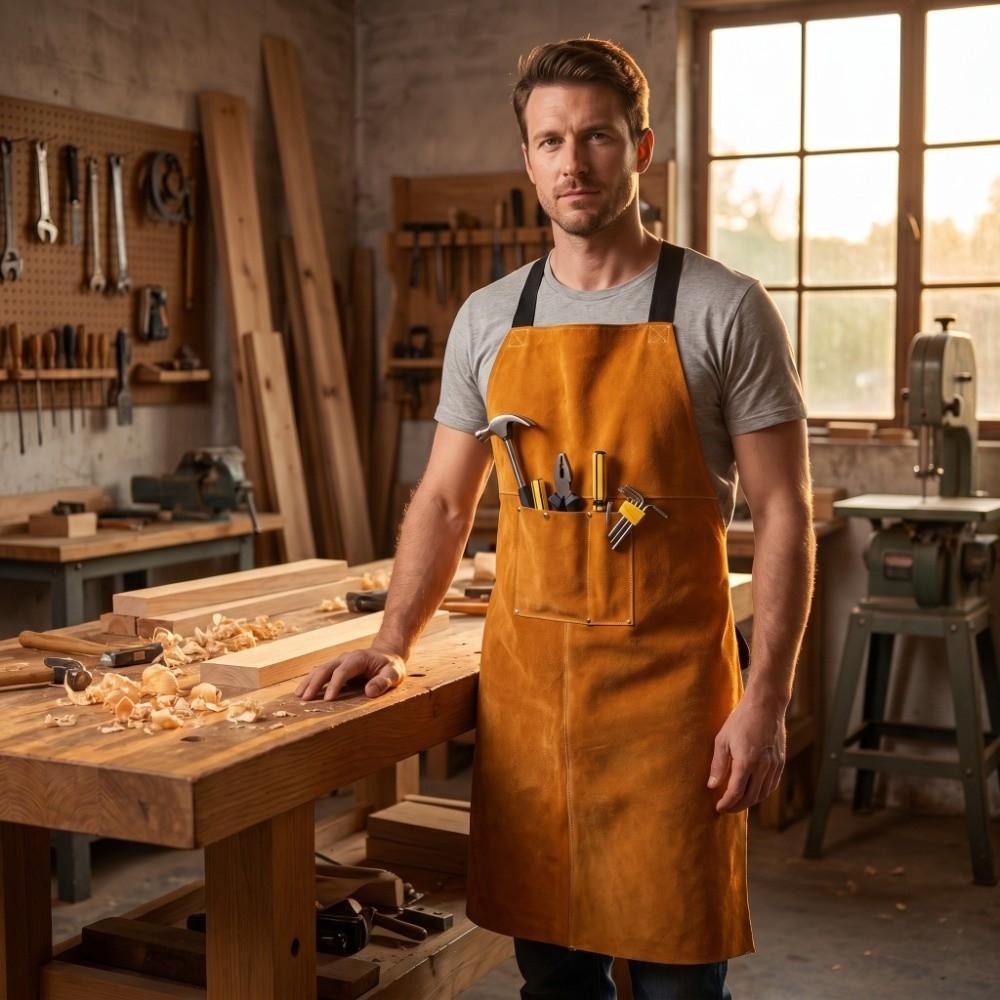 Orange Thick Cowhide Welding Apron Cowhide 90cm*60cm Pocket Design Welding Gear Wearproof Anti-scald Electrician Workwear