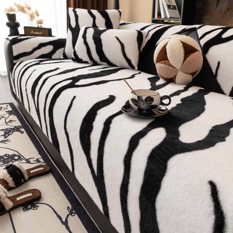 New Zebra Pattern Plush Sofa Mat Thick Anti Slip Warm Cushion for Autumn and Winter Home Decoration Couch Protective Cover Cloth