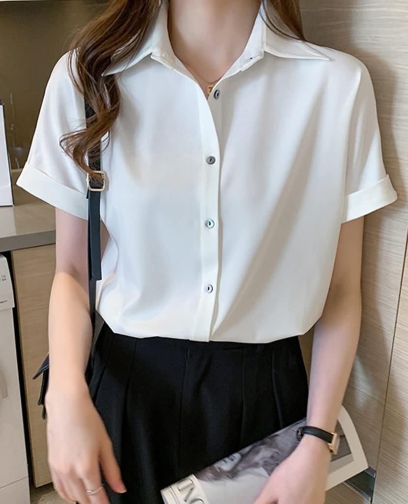 Short Sleeve Loose Large Size [OKJCON] Women's Shirt, Blouse, Chiffon, V-Neck, Office, Summer, Fit, Plain, Stylish, (XL, White)