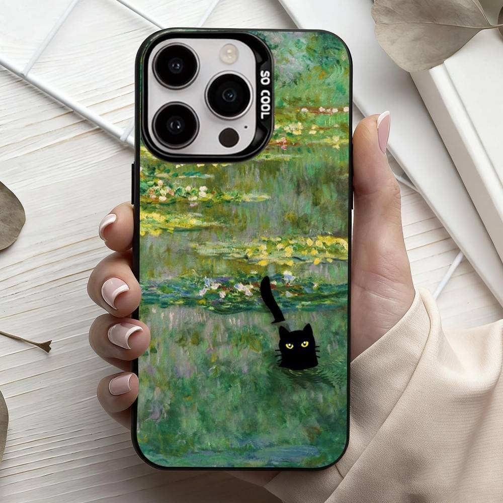 M-Матисс Моне Черная кошка Забавное искусство Чехол для телефона для iPhone17,16,15,14,13,12,11 Plus,Pro Max Черный Конфетный серебристый чехол для телефона
