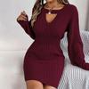 Осенне-зимнее женское платье-свитер с V-образным вырезом, однотонное, вязаное платье-бодикон с ажурными рукавами-фонариками