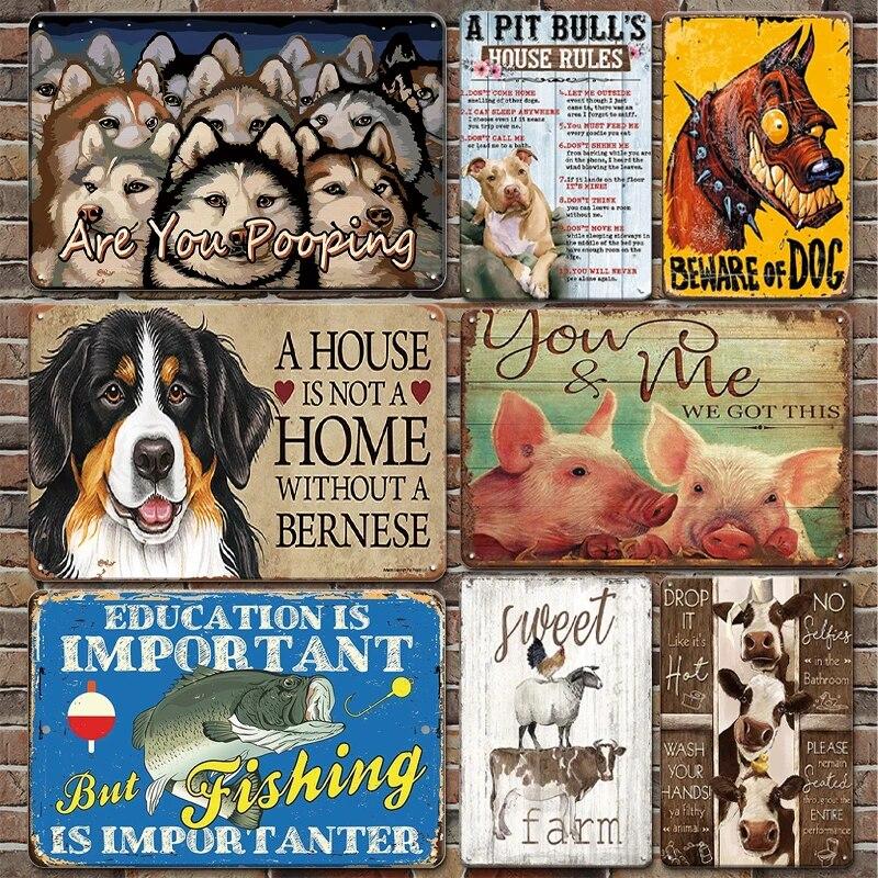Retro Funny Tin Sign Beware Guard Dalmatian On Duty Cute Pigs Novelty Metal Sign Bathroom Decor Wall Art Posters Wall Decor Gift