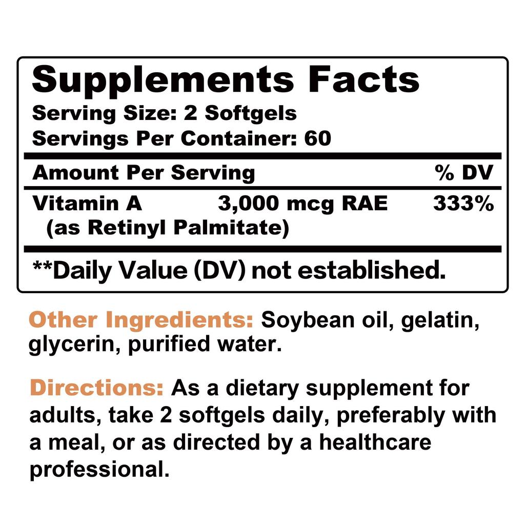 Vitamin A softgels support immune system function, skin health, and vision and eye health. 120 capsules per pack.