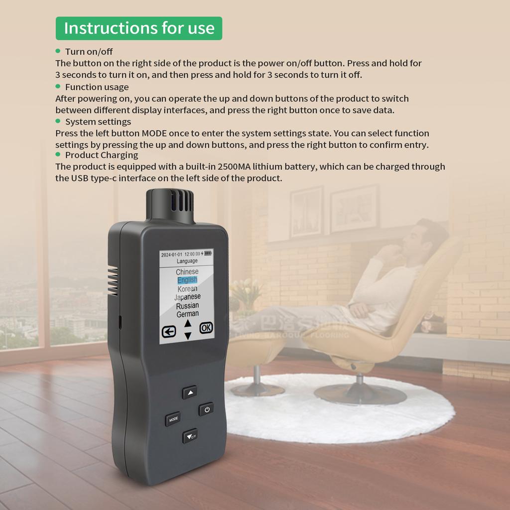 Air Quality Monitor Indoor Air Quality Tester HCHO CO₂ TVOC PM2.5 Temp Humidity Air Quality Detector High Precision