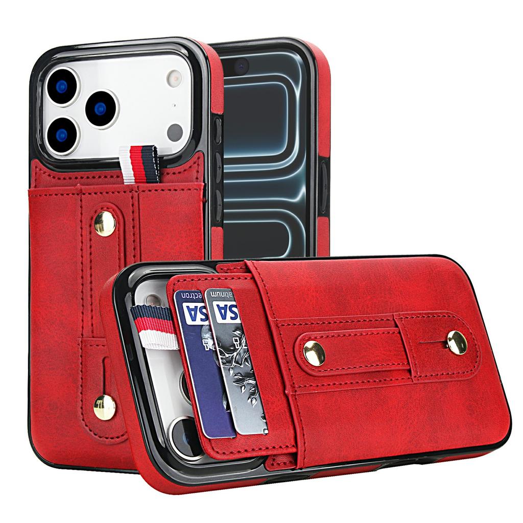 For iPhone 17 Pro Max Case PU Leather+TPU Hidden Card Holder Drop-proof Phone Cover with Kickstand