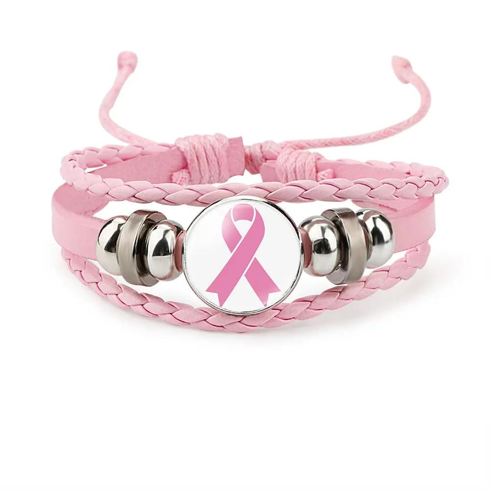 Pink Ribbon Charm Bracelet For Women Braided Leather Rope Bangle Girls Breast Cancer Awareness Hope Jewelry Accessories