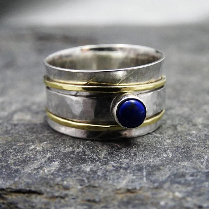 Серебряное кольцо для медитации с лазуритом и драгоценным камнем, кольцо из стерлингового серебра 925 пробы, кольцо с серебряной лентой, подарок для женщин, около 6,5 г