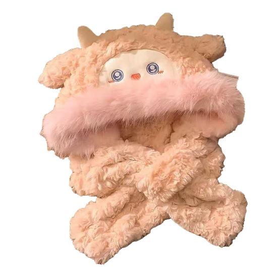 Женская шапка в форме лисьих ушек, утолщенная плюшевая теплая зимняя шапка с дизайном шарфа, для активного отдыха