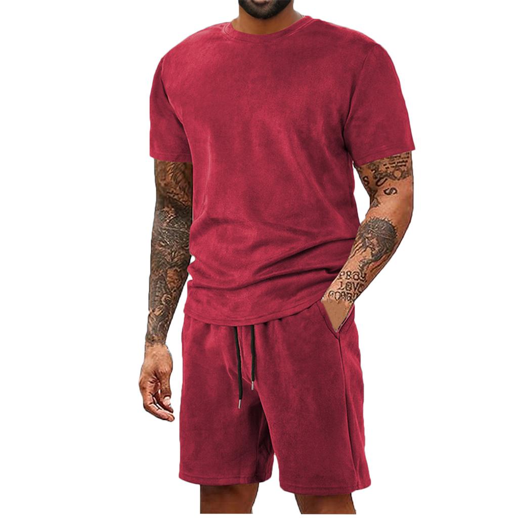 Мужской однотонный повседневный комплект из двух предметов с круглым вырезом и короткими рукавами