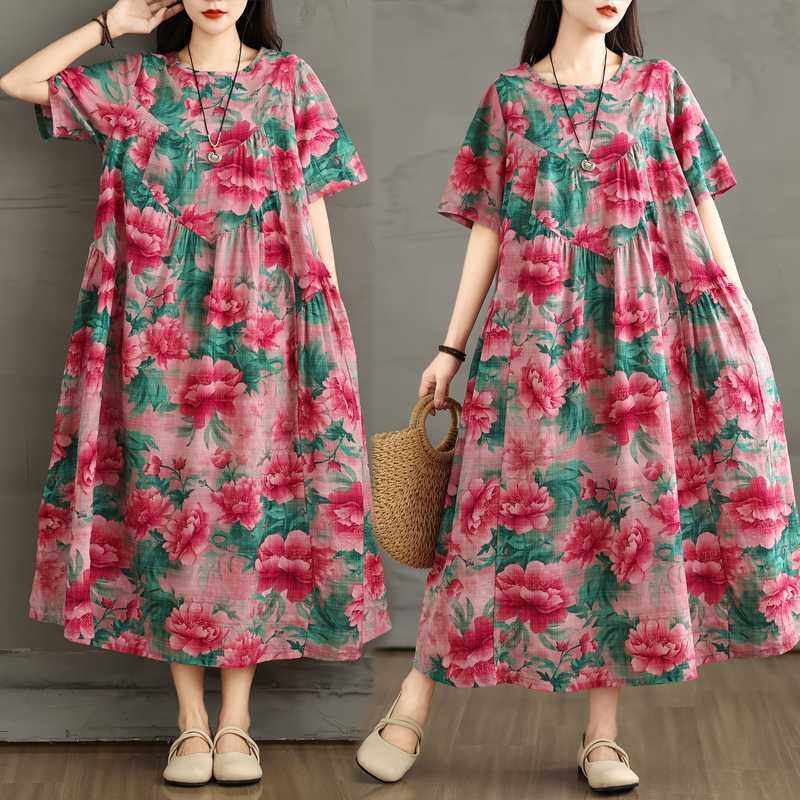 Retro Cotton and Linen Round Neck Short Sleeved Dress, Women's Loose Skirt