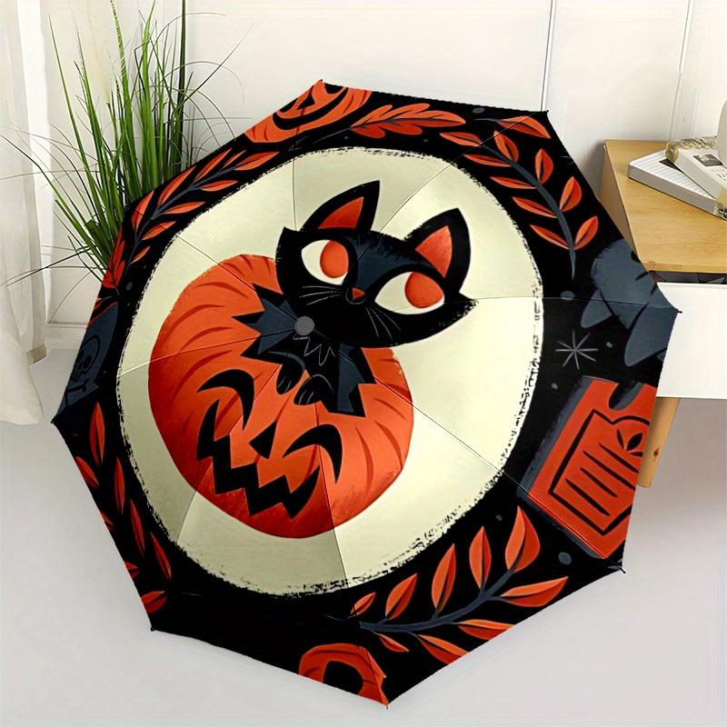 1pc Halloween Pumpkin Cat Automatic Open/close Folding Umbrella, Compact Portable Travel Umbrella, Perfect Birthday/Christmas,