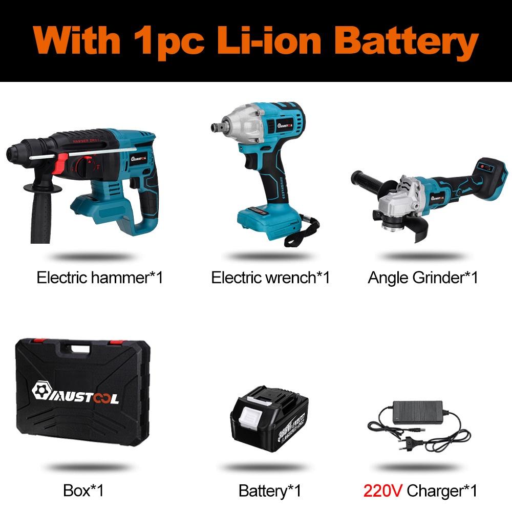 Набор электрических инструментов 3 в 1, бесщеточная угловая шлифовальная машина 125 мм, электрический ударный гайковерт, перфоратор для батареи 18 В
