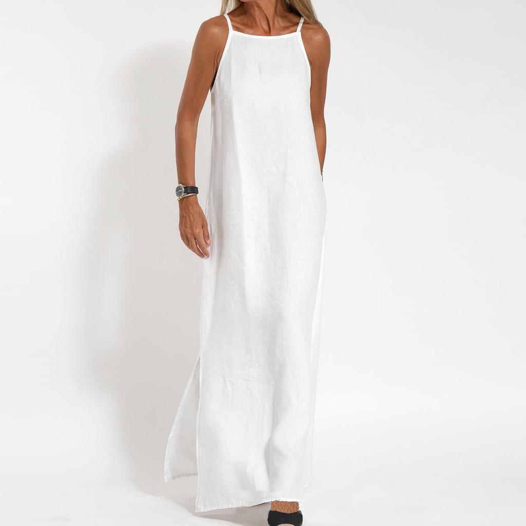Женские модные повседневные свободные платья из хлопка и льна с разрезом без рукавов
