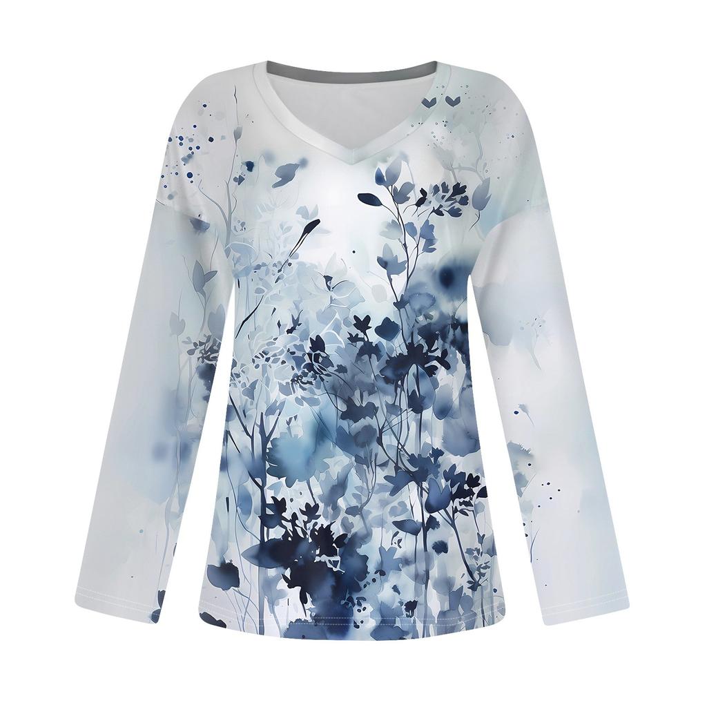 Women's T Shirt Tee Printed Falling Shoulder Sleeve Long Sleeve Daily Weekend Fashion Basic V Neck Regular Top