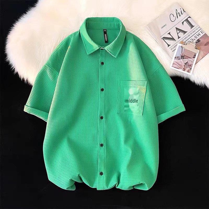 Мужская летняя рубашка с коротким рукавом в вафельном стиле в гонконгском стиле 2022 года — High Street Style