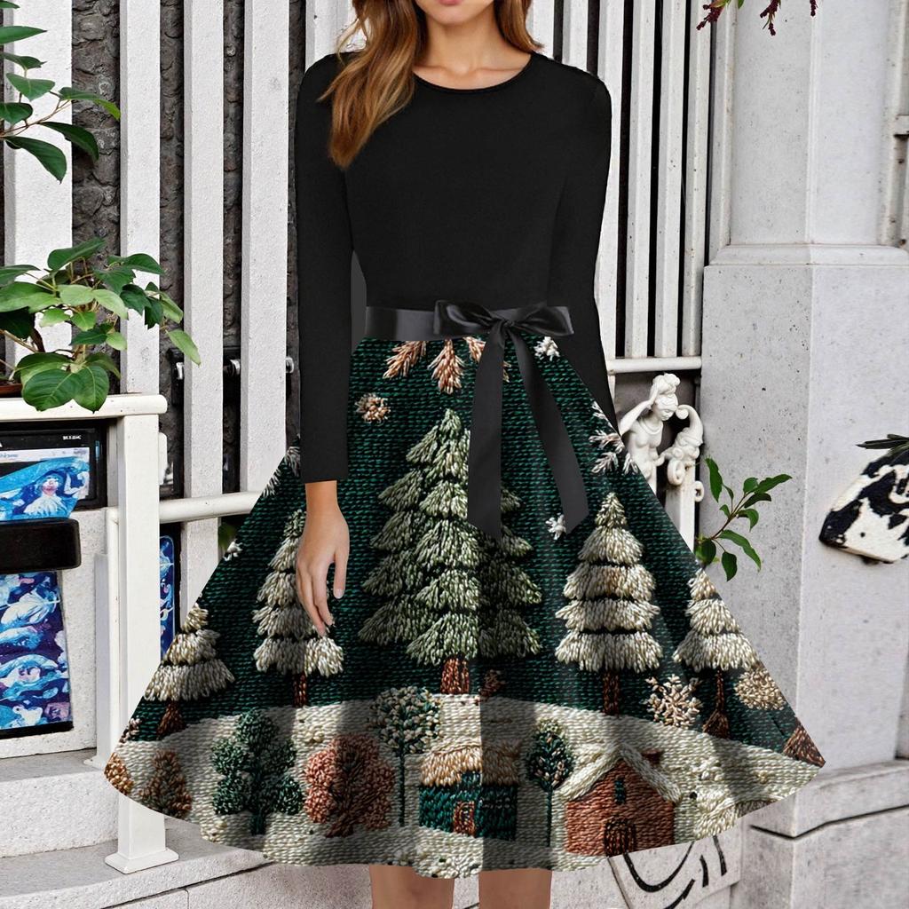 Women's Fashion Round Neck Slim-Fit Christmas Print Long-Sleeved Dress