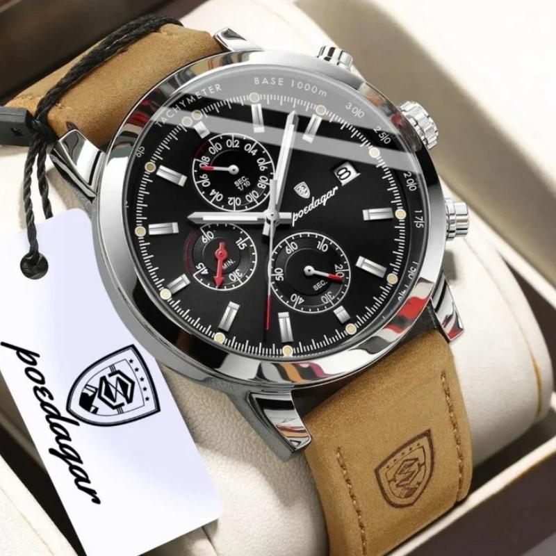 POEDAGAR Functional Luxury Man Wristwatch Date Waterproof Luminous Chronograph Men Watch Male Leather Quartz Watches