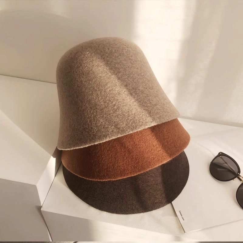 Australian Wool Bucket Hat Women's Autumn and Winter Light Luxury High-end Feeling Show Face Small Bucket Hat Cold Wind British Warm Hat