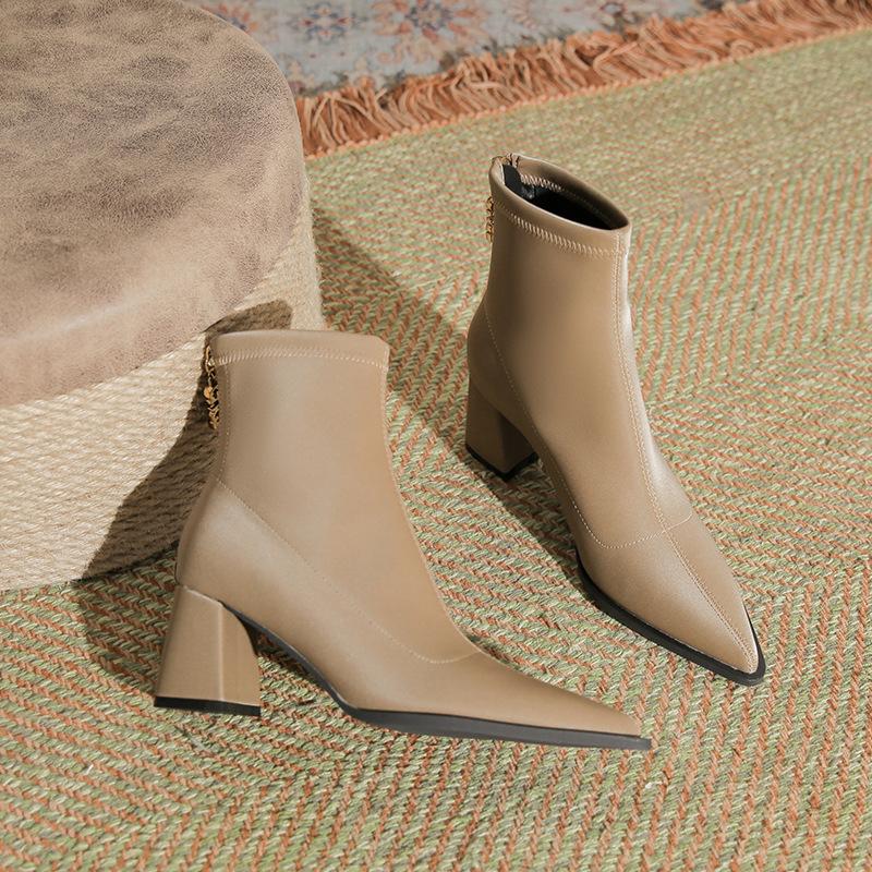 H768-5 Boots Women's High Mercerized Suede Medium Tube New Breathable Autumn and Winter Women's Boots Light Luxury Pointed Thick Heel Fashion Boots