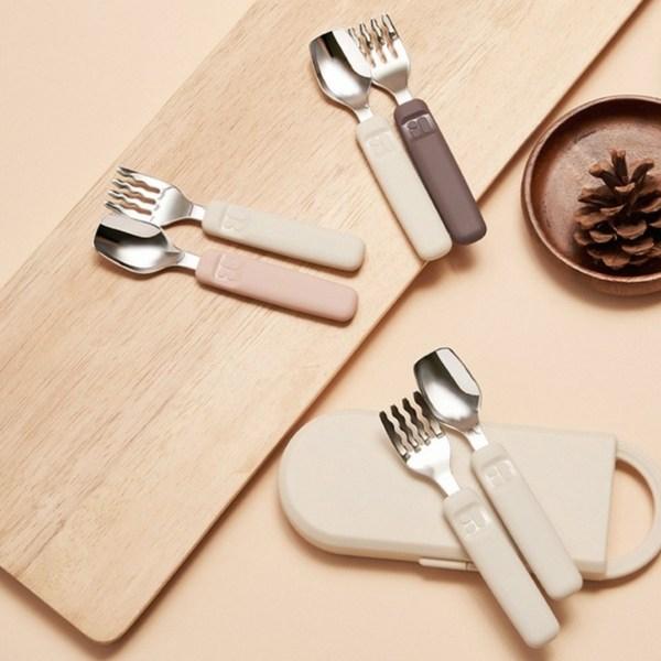 Mother K Silicone Spoon + Fork + Case Set, Ivory (spoon), Purple (fork), 1 Set