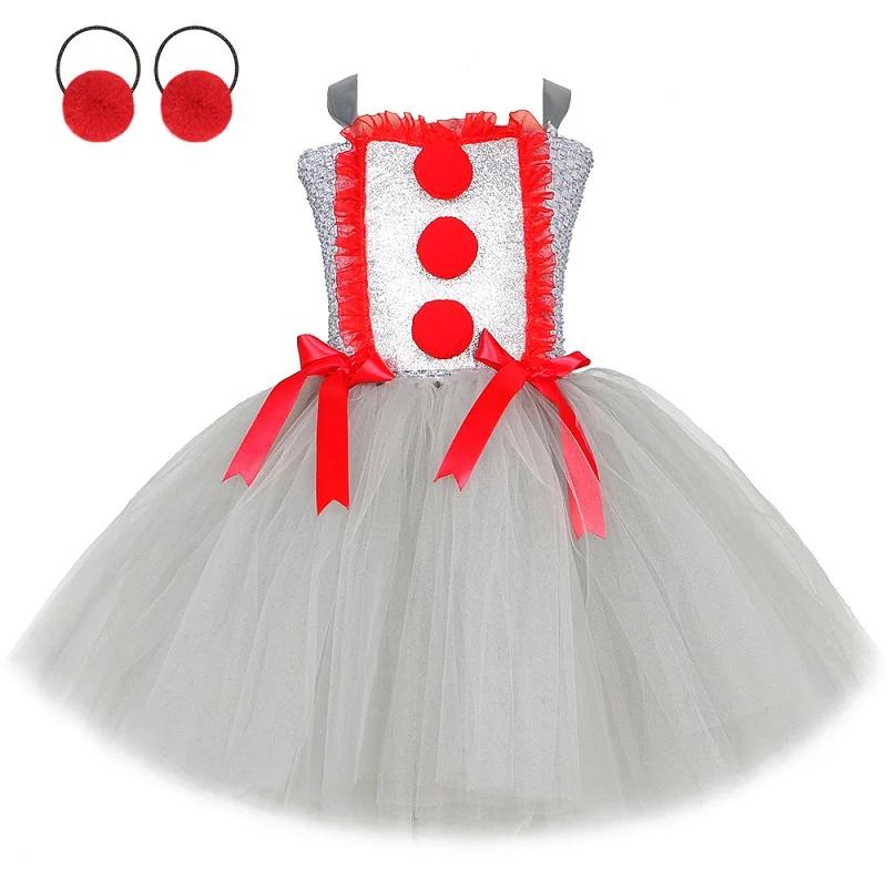 Creepy Clown Pennywise Costume for Girls Halloween Tutu Dress Set Toddler Kids Fancy Carnival Party Gray Joker Dress Up Clothes