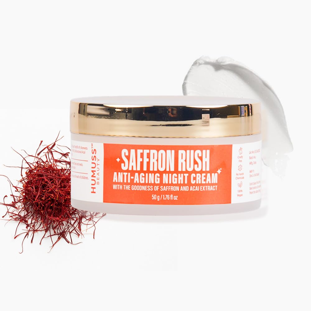 Humuss Beauty Ночной крем против старения Saffron Rush | С шафраном, ягодами асаи и алоэ вера | Уменьшает мелкие морщины, морщины и темные пятна | Ночное увлажнение