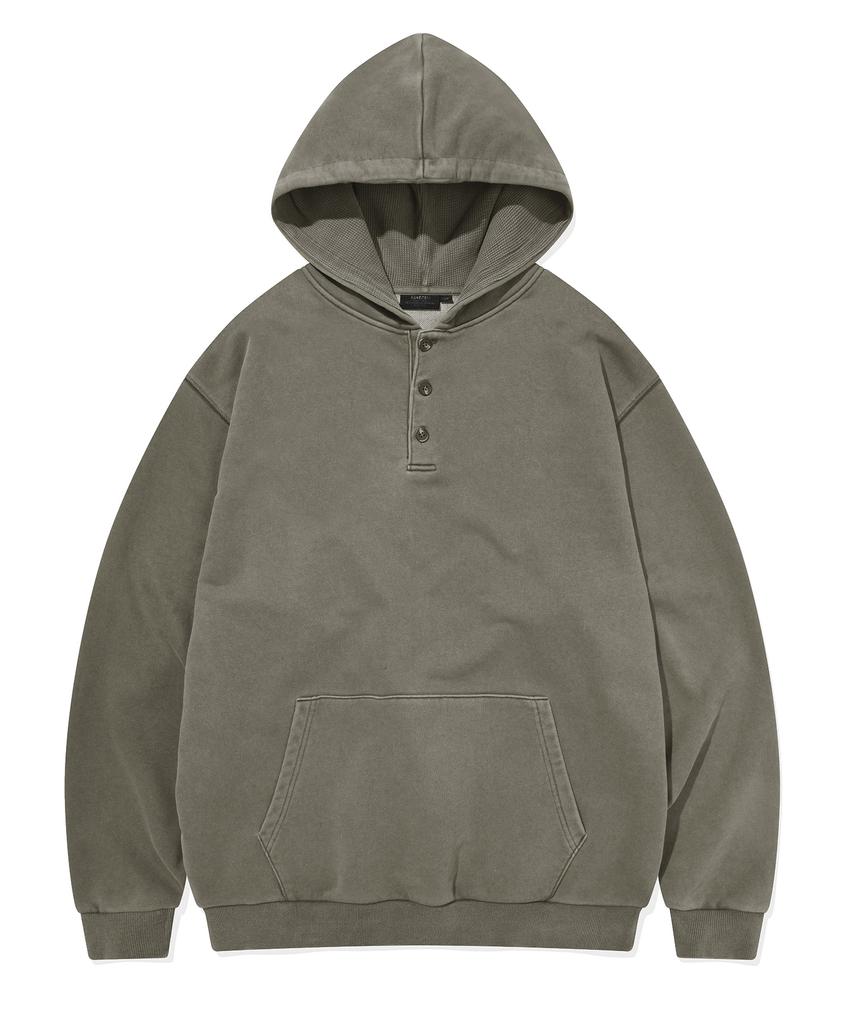 PIGMENT Washed Henley Neck Hoodie (Olive Drab)