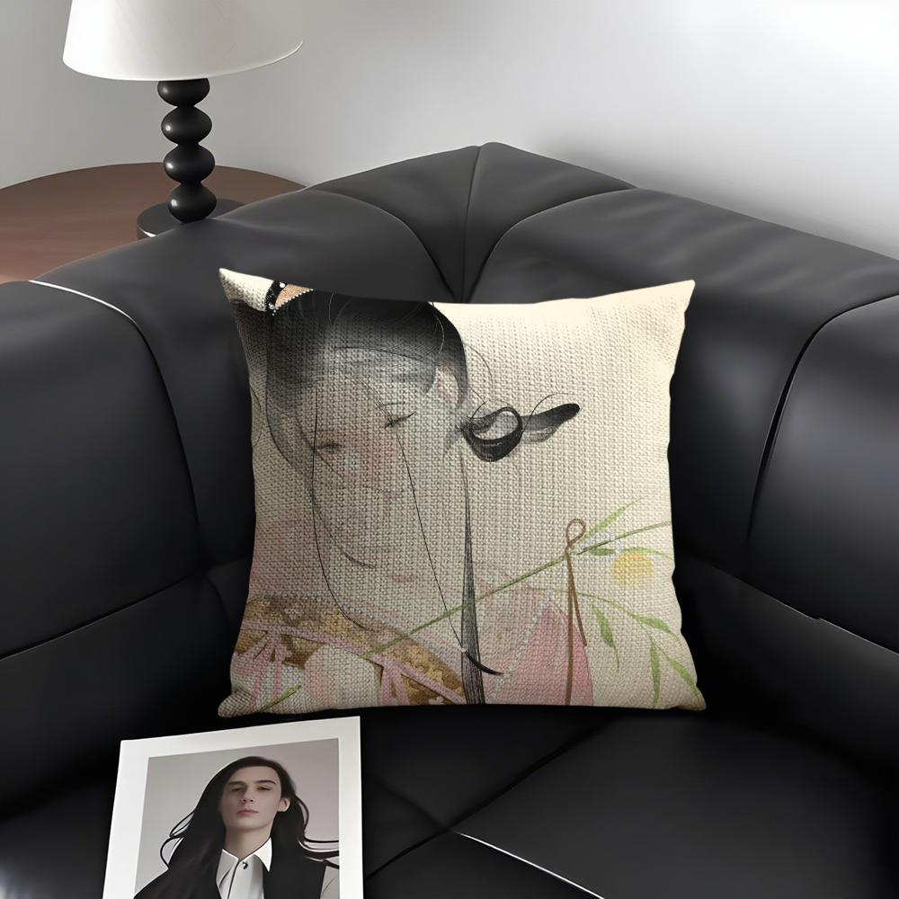 Chinese Ancient Style Beauty Cushion Cover Natural Linen Organic Fabric DoubleSided Printing Sofa Home Decor Gift Pillow Case